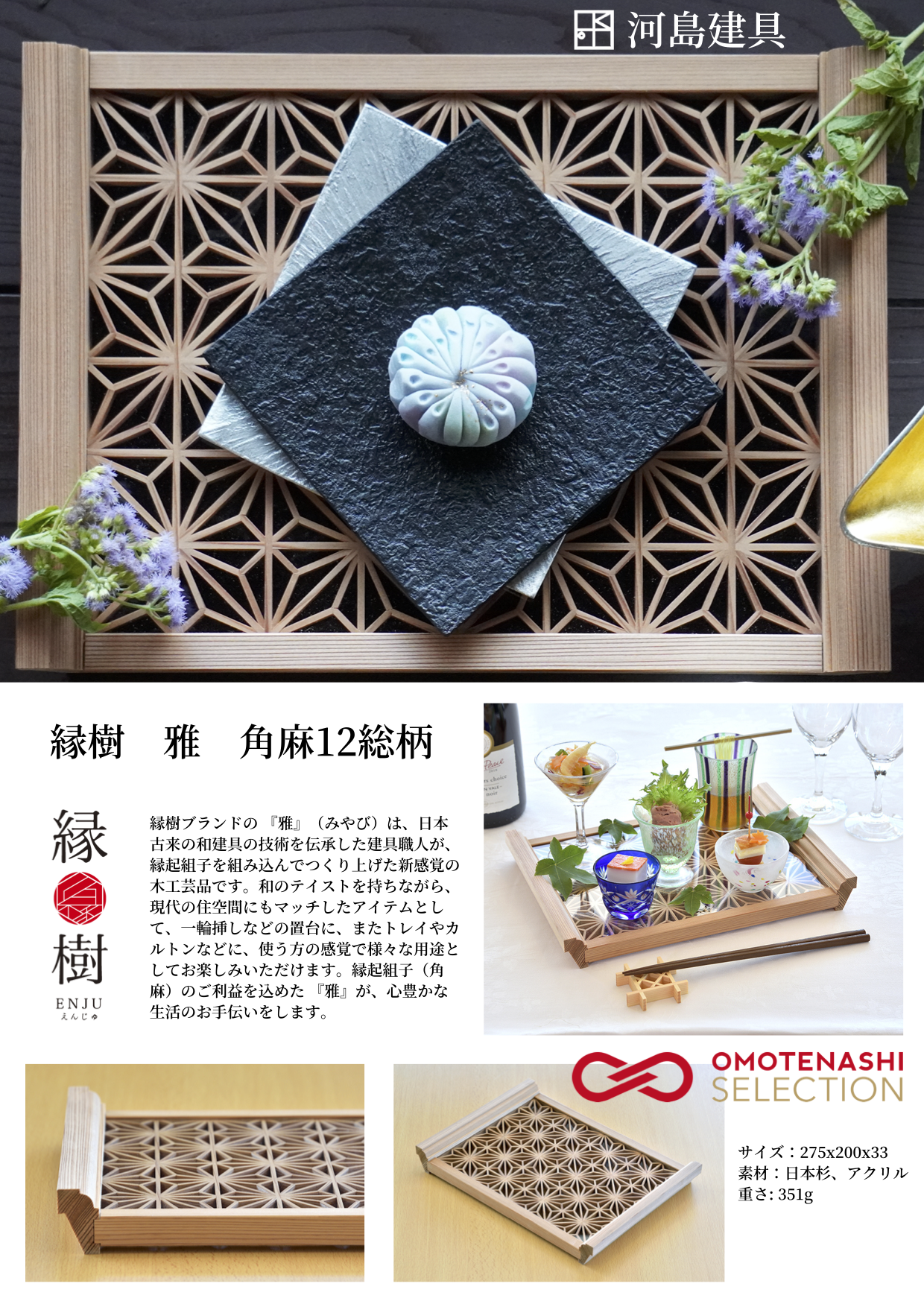 河島建具縁樹組子トレイ角麻12総柄